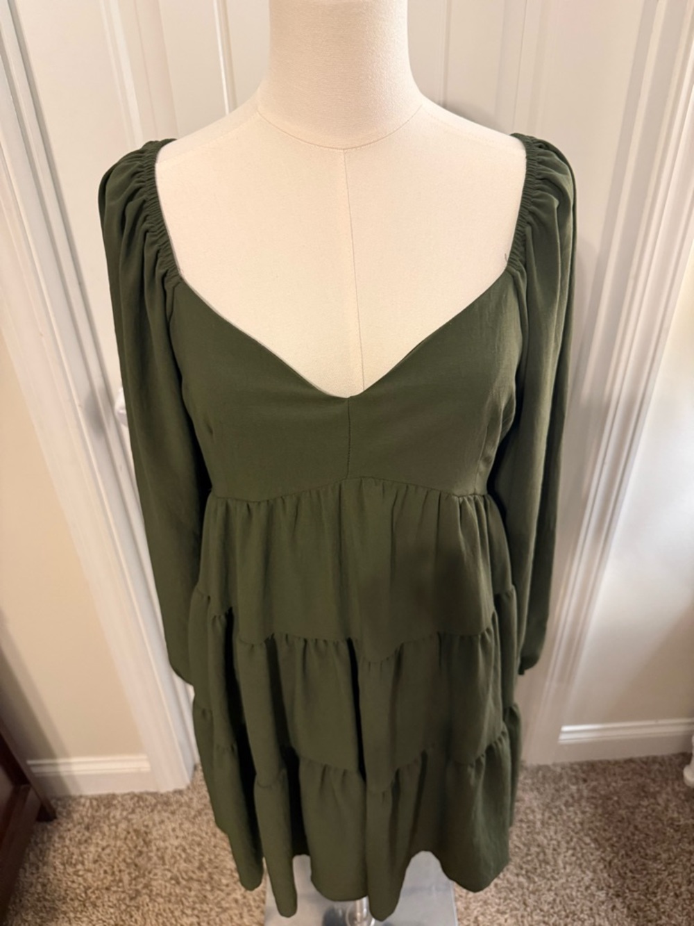 Altar'd State Olive Green Tiered Long-Sleeve Babydoll Dress - Picture 4 of 14